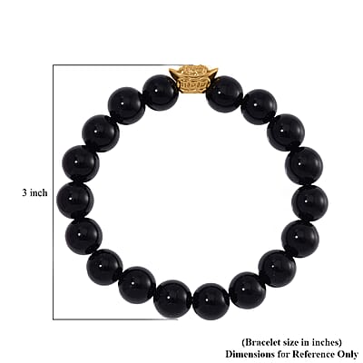Black Obsidian 130.00 ctw Beaded Stretch Bracelet with Sycee Charm in Goldtone (6.50-7.0In)