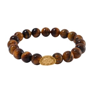 Tigers Eye 130.00 ctw Beaded Stretch Bracelet with Sycee Charm in Goldtone (6.50-7.0In)