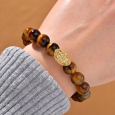 Tigers Eye 130.00 ctw Beaded Stretch Bracelet with Sycee Charm in Goldtone (6.50-7.0In)