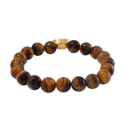 Tigers Eye 130.00 ctw Beaded Stretch Bracelet with Sycee Charm in Goldtone (6.50-7.0In)