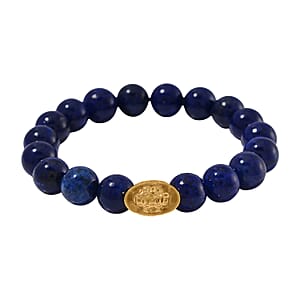 Lapis Lazuli 130.00 ctw Beaded Stretch Bracelet with Sycee Charm in Goldtone (6.50-7.0In)