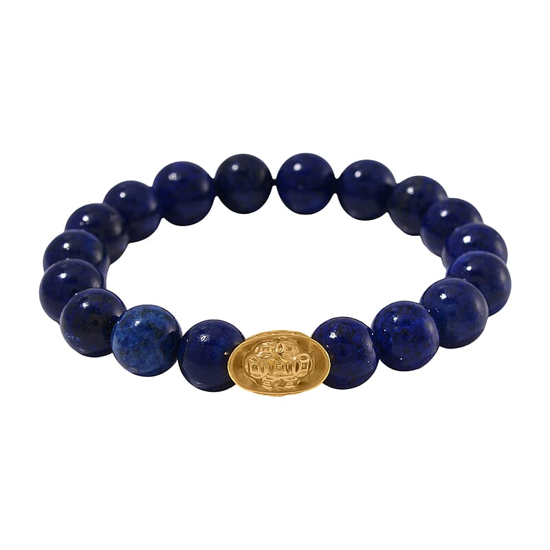 Lapis Lazuli 130.00 ctw Beaded Stretch Bracelet with Sycee Charm in Goldtone (6.50-7.0In)