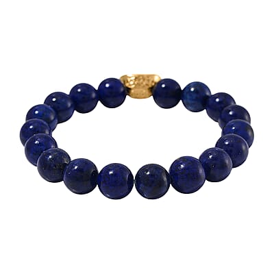 Lapis Lazuli 130.00 ctw Beaded Stretch Bracelet with Sycee Charm in Goldtone (6.50-7.0In)