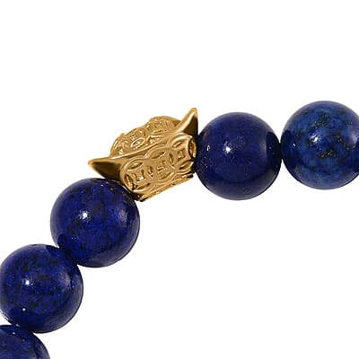 Lapis Lazuli 130.00 ctw Beaded Stretch Bracelet with Sycee Charm in Goldtone (6.50-7.0In)