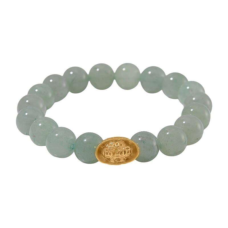 Green Aventurine 130.00 ctw Beaded Stretch Bracelet with Sycee Charm in Goldtone (6.50-7.0In)