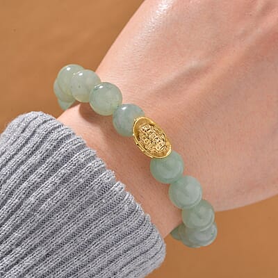 Green Aventurine 130.00 ctw Beaded Stretch Bracelet with Sycee Charm in Goldtone (6.50-7.0In)
