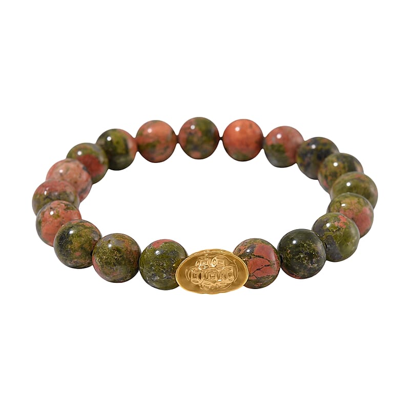 Unakite 130.00 ctw Beaded Stretch Bracelet with Sycee Charm in Goldtone (6.50-7.0In)