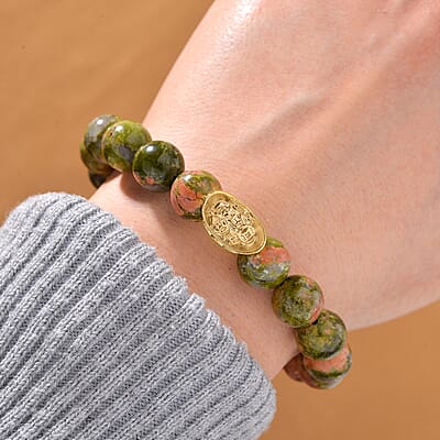Unakite 130.00 ctw Beaded Stretch Bracelet with Sycee Charm in Goldtone (6.50-7.0In)