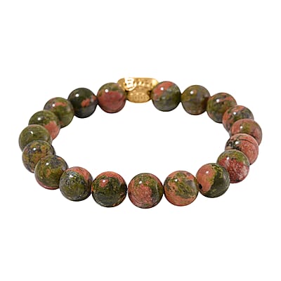 Unakite 130.00 ctw Beaded Stretch Bracelet with Sycee Charm in Goldtone (6.50-7.0In)