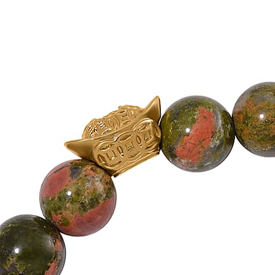 Unakite 130.00 ctw Beaded Stretch Bracelet with Sycee Charm in Goldtone (6.50-7.0In)