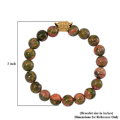 Unakite 130.00 ctw Beaded Stretch Bracelet with Sycee Charm in Goldtone (6.50-7.0In)