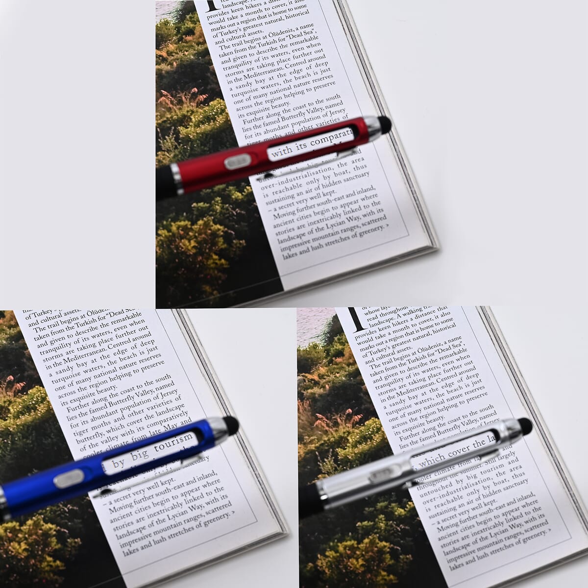Set of 3 Multifunctional Pens with LED lights, Magnifying Glasses and Touch Screen Function with 3 Refills image number 1