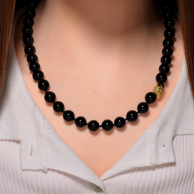 Black Obsidian 350.00 ctw Beaded Necklace with Sycee Charm in Goldtone 20 Inches
