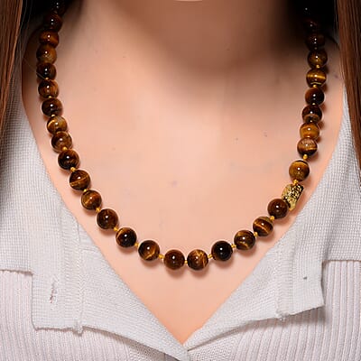 Tigers Eye 350.00 ctw Beaded Necklace with Sycee Charm in Goldtone 20 Inches