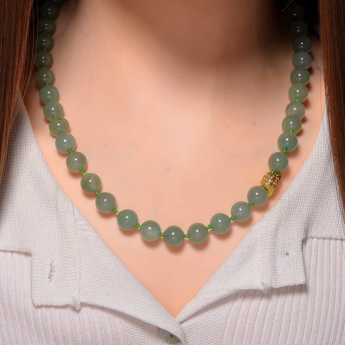 Green Aventurine 350.00 ctw Beaded Necklace with Sycee Charm in Goldtone 20 Inches image number 1