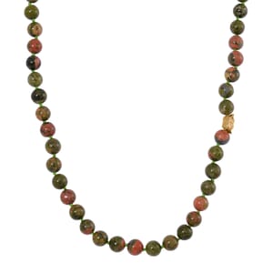 Unakite 350.00 ctw Beaded Necklace with Sycee Charm in Goldtone 20 Inches