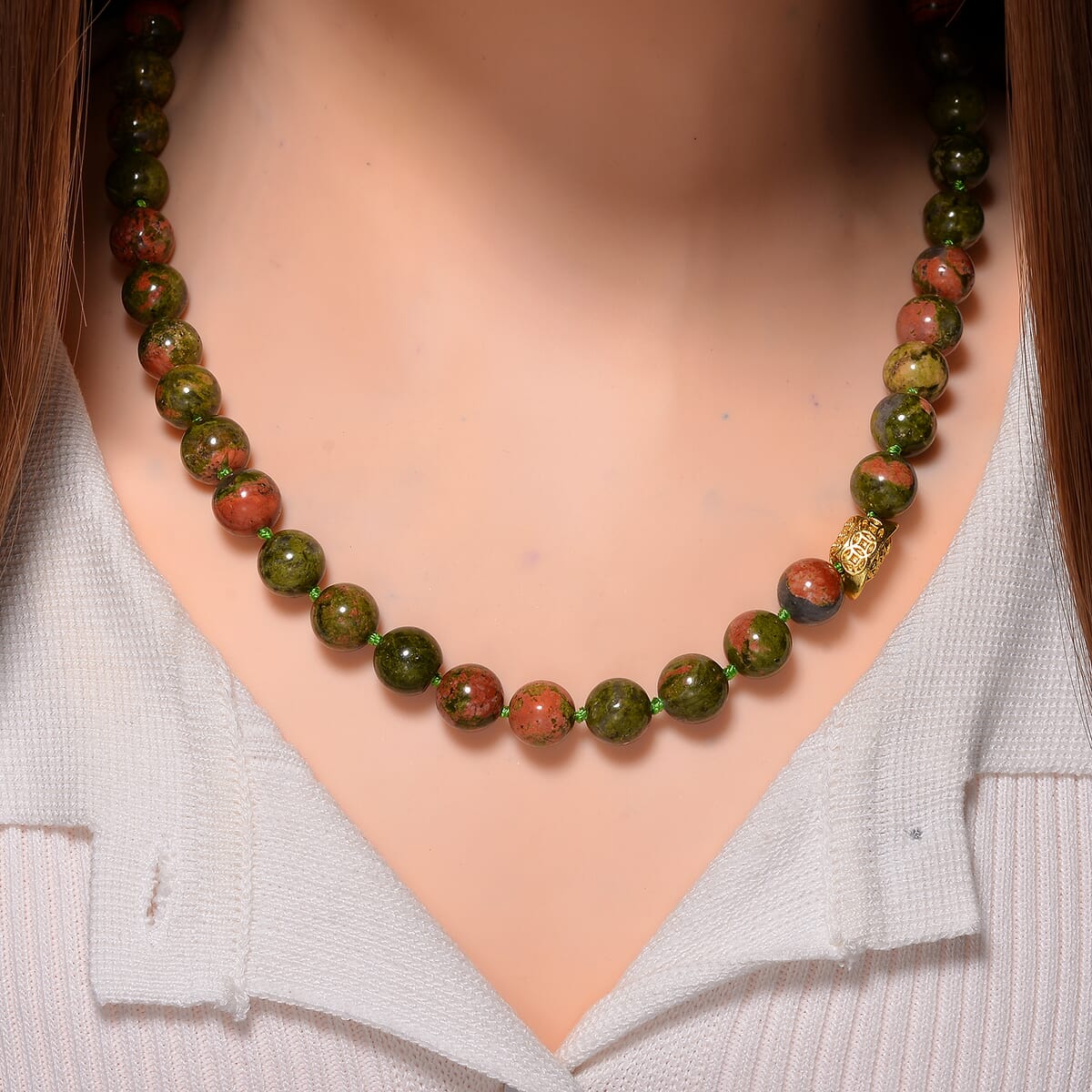 Unakite 350.00 ctw Beaded Necklace with Sycee Charm in Goldtone 20 Inches image number 1