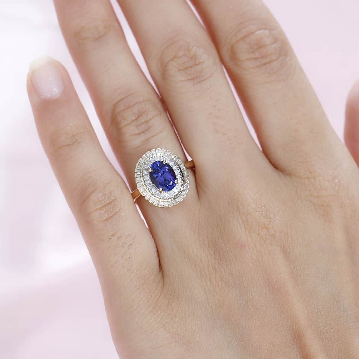 Luxoro AAA Tanzanite and G-H I2 Diamond 1.65 ctw Double Halo Ring in 10K Yellow Gold (Size 6.5) image number 2