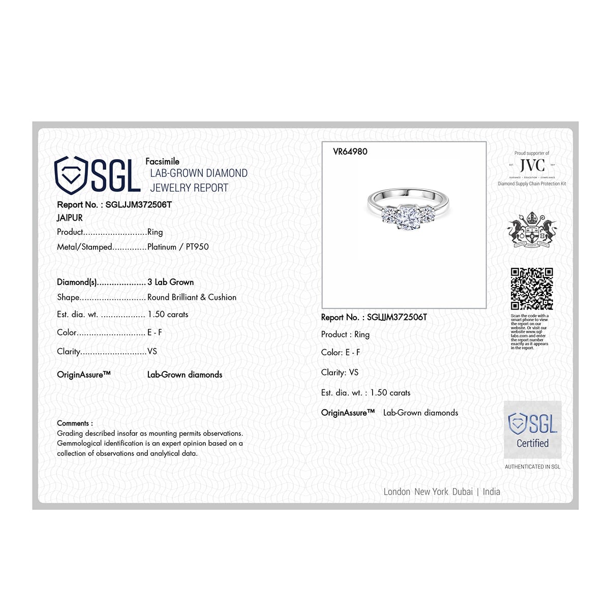 SGL Certified Luxuriant Lab Grown Diamond E-F VS 1.50 ctw Trilogy Ring in 950 Platinum (Size  7.0) image number 7