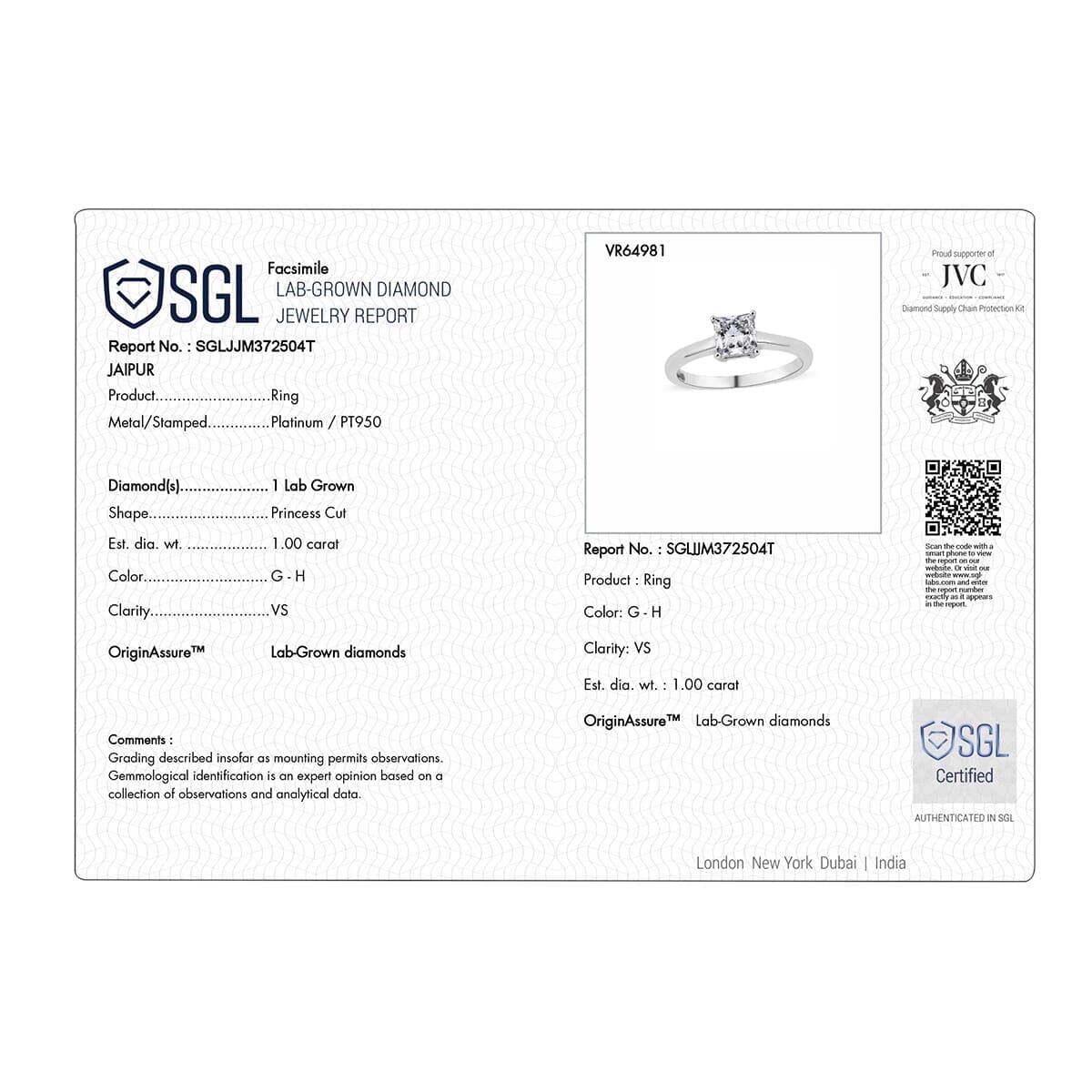 SGL Certified Luxuriant Lab Grown Diamond G-H VS 1.00 ctw Solitaire Ring in 950 Platinum (Size  6.0) image number 6