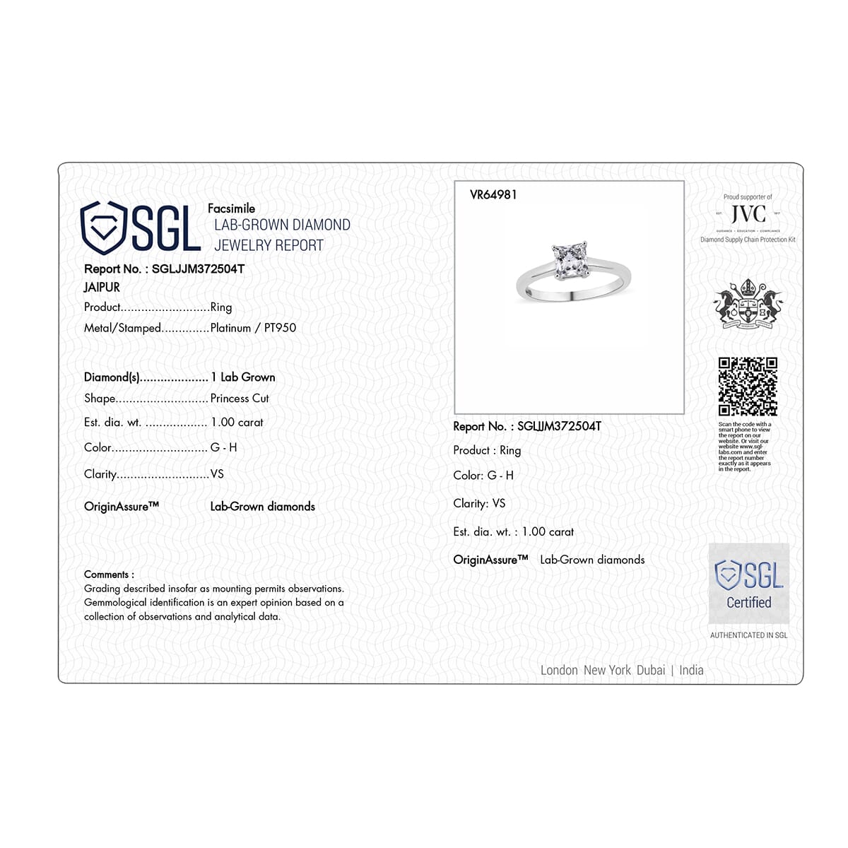 SGL Certified Luxuriant Lab Grown Diamond G-H VS 1.00 ctw Solitaire Ring in 950 Platinum (Size  8.0) image number 6