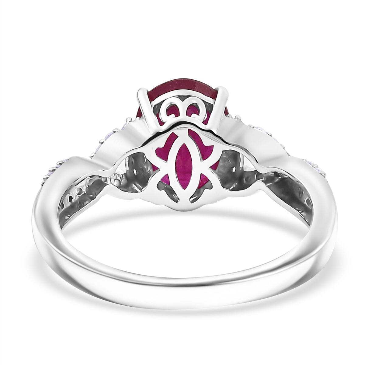 Premium Niassa Ruby (FF) and White Zircon 3.30 ctw Infinity Ring in Rhodium Over Sterling Silver (Size 8.0) image number 4
