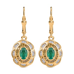 Kagem Zambian Emerald, Yellow Diamond IR and Diamond 1.50 ctw Royal Scarlet Lever Back Earrings in 18K Vermeil Yellow Gold Over Sterling Silver 