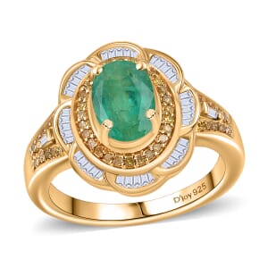 Kagem Zambian Emerald, Yellow Diamond (IR) and Diamond 1.65 ctw Royal Scarlet Ring in 18K Vermeil Yellow Gold Over Sterling Silver (Size 6.0)
