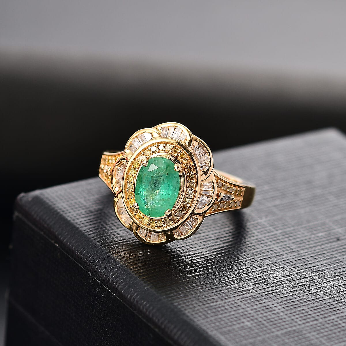 D'Joy Kagem Zambian Emerald, Yellow Diamond (IR) and Diamond 1.65 ctw Royal Scarlet Ring in 18K Vermeil Yellow Gold Over Sterling Silver (Size 6.0) image number 1