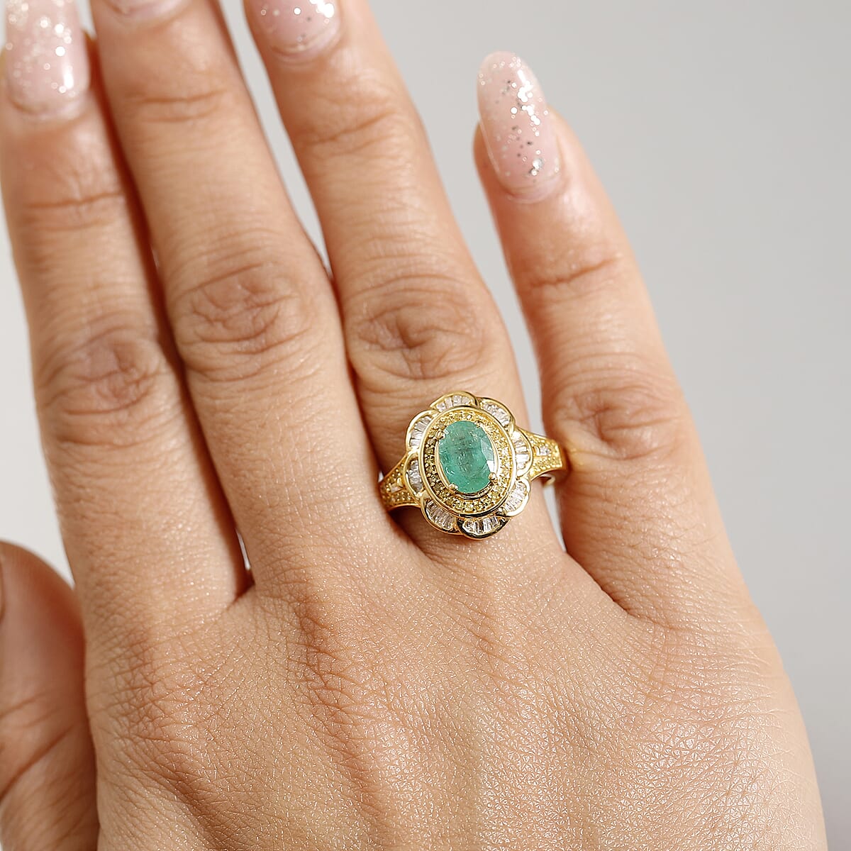 D'Joy Kagem Zambian Emerald, Yellow Diamond (IR) and Diamond 1.65 ctw Royal Scarlet Ring in 18K Vermeil Yellow Gold Over Sterling Silver (Size 6.0) image number 2