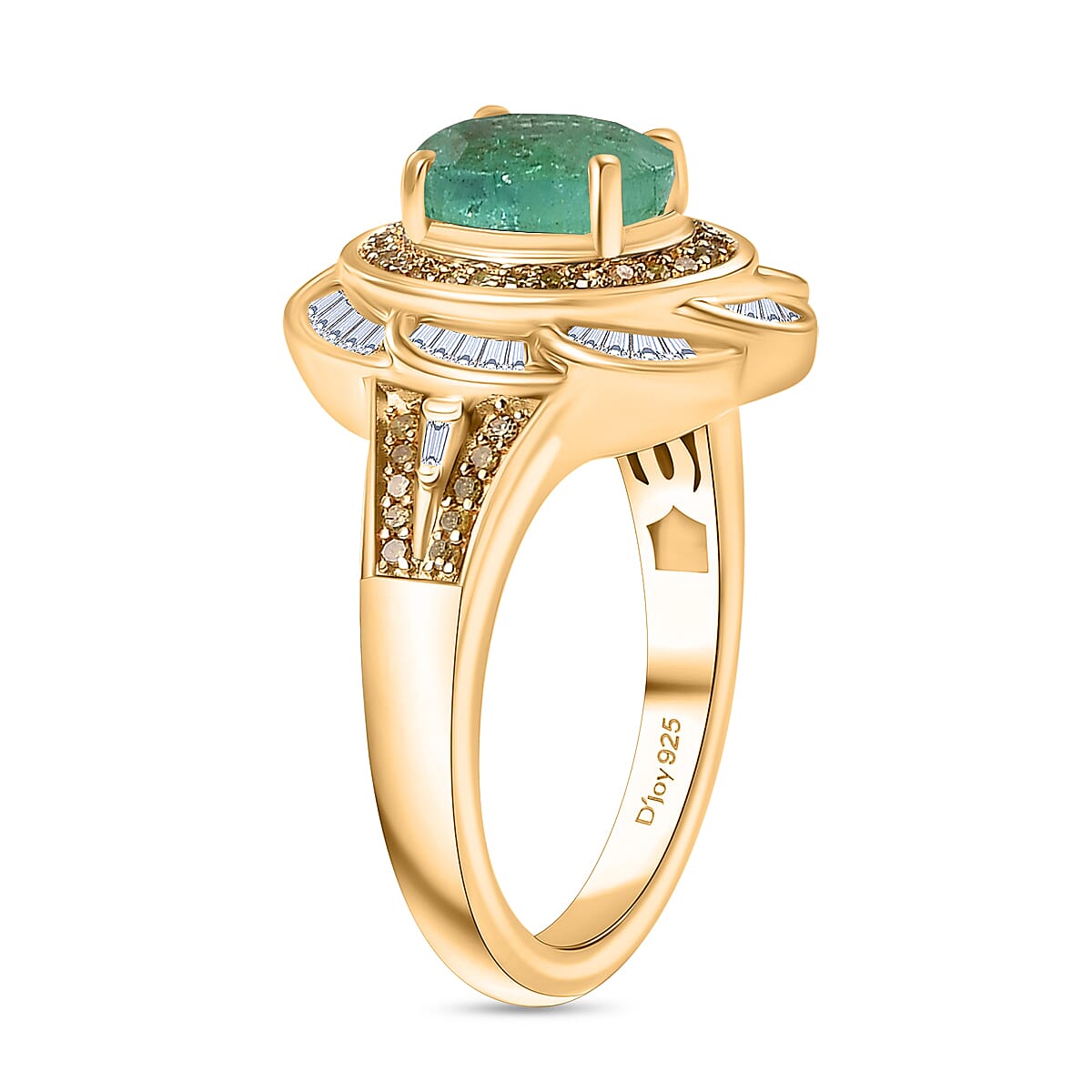 D'Joy Kagem Zambian Emerald, Yellow Diamond (IR) and Diamond 1.65 ctw Royal Scarlet Ring in 18K Vermeil Yellow Gold Over Sterling Silver (Size 6.0) image number 3