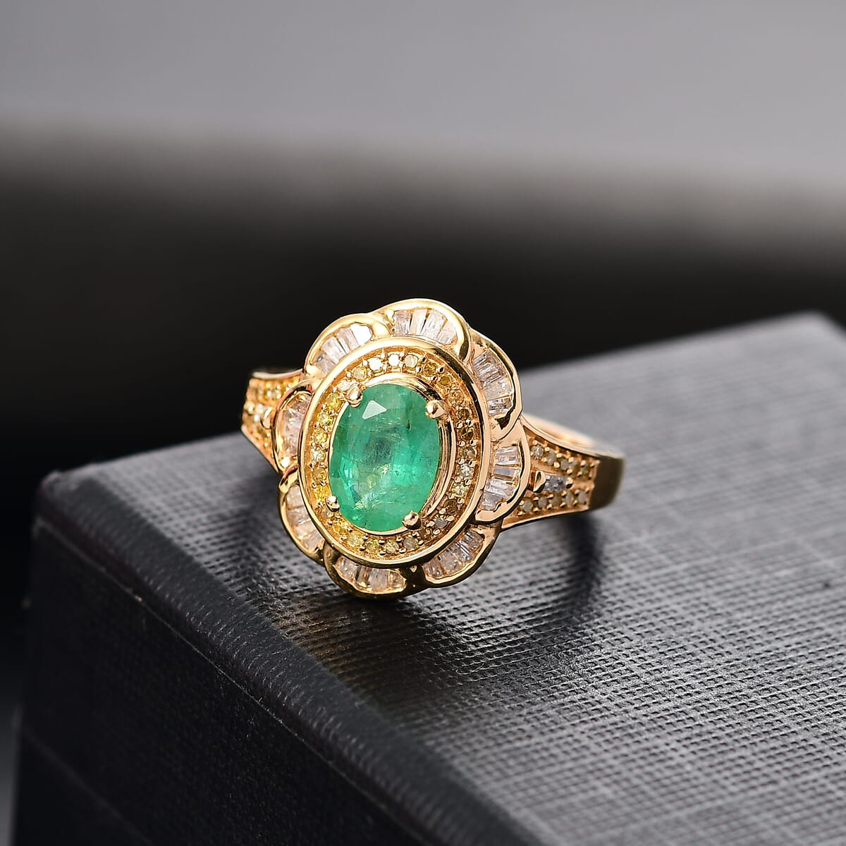 Kagem Zambian Emerald, Yellow Diamond (IR) and Diamond 1.65 ctw Royal Scarlet Ring in 18K Vermeil Yellow Gold Over Sterling Silver (Size 9.0) image number 1