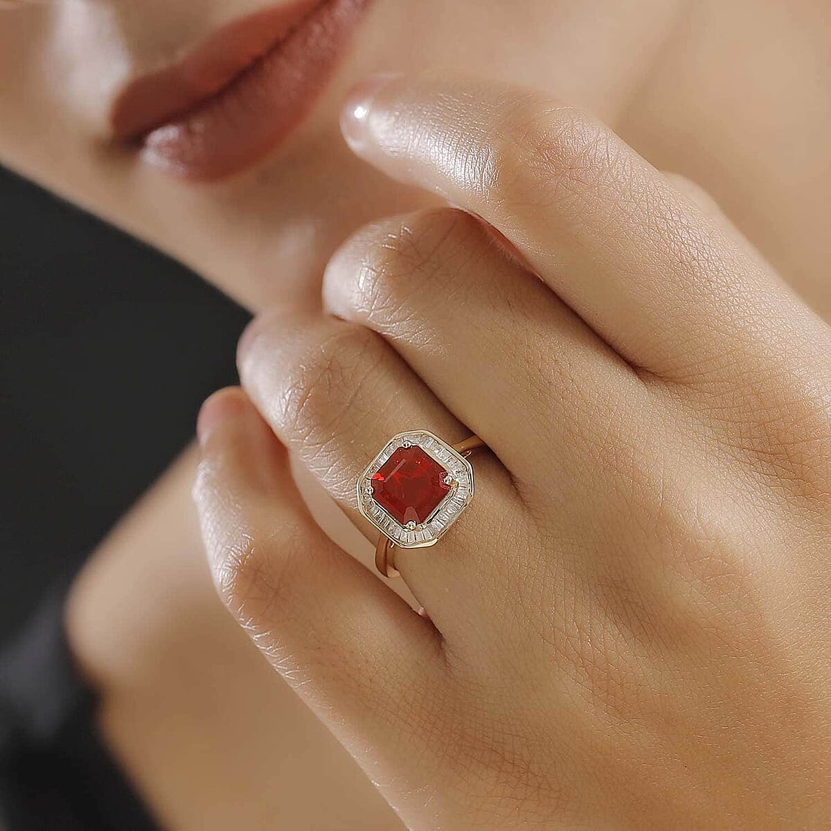 Luxoro Premium Crimson Fire Opal and Diamond 1.90 ctw Halo Ring in 10K Yellow Gold (Size 8.5) image number 2