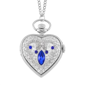 Strada Blue Glass, Multi Color Austrian Crystal Japanese Movement Heart Shaped Pocket Watch with Chain (31 Inches) in Silvertone