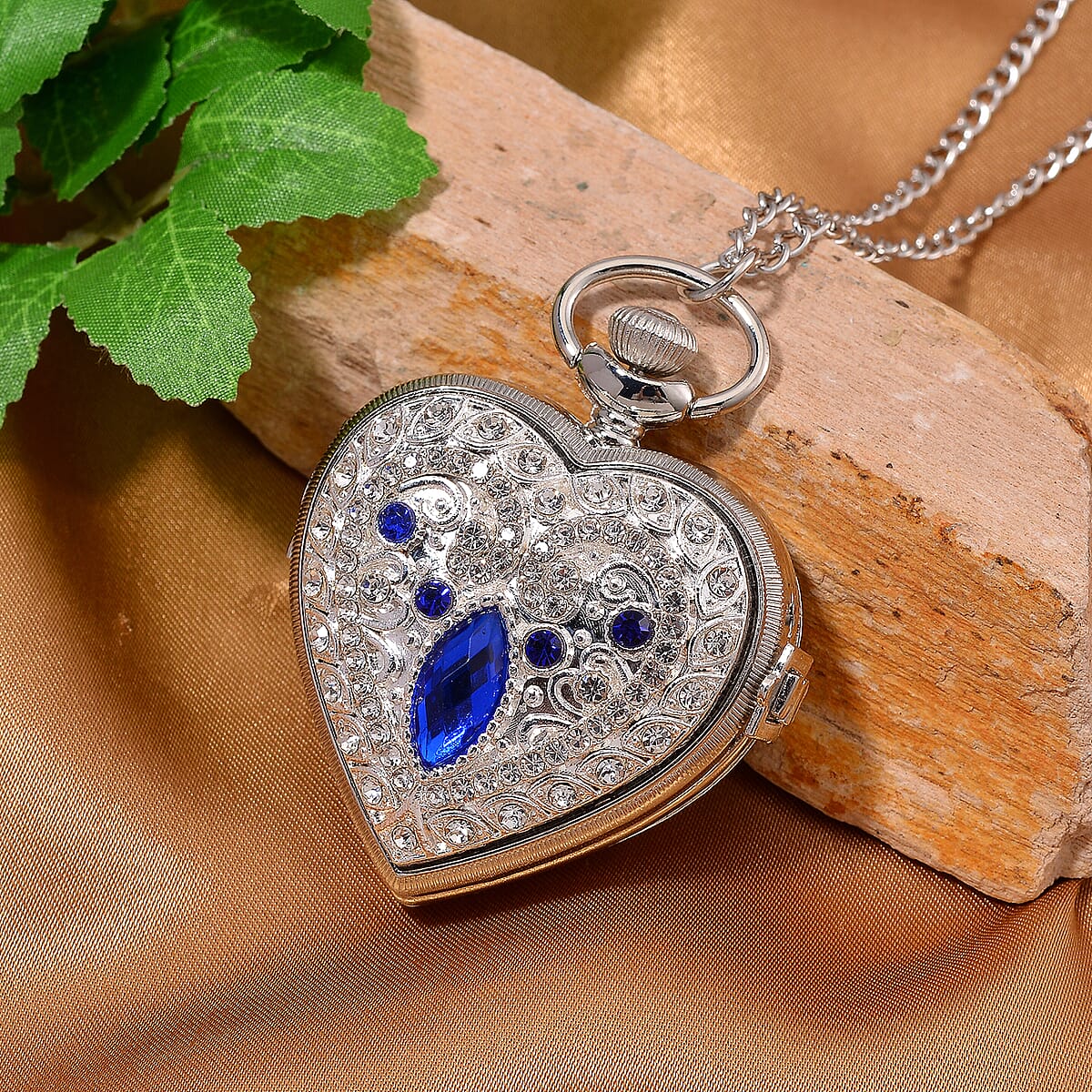 Strada Blue Glass, Multi Color Austrian Crystal Japanese Movement Heart Shaped Pocket Watch with Chain (31 Inches) in Silvertone image number 1