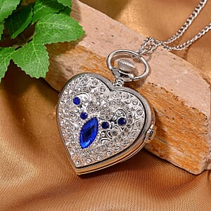 Strada Blue Glass, Multi Color Austrian Crystal Japanese Movement Heart Shaped Pocket Watch with Chain (31 Inches) in Silvertone