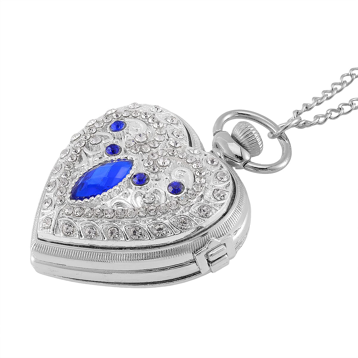 Strada Blue Glass, Multi Color Austrian Crystal Japanese Movement Heart Shaped Pocket Watch with Chain (31 Inches) in Silvertone image number 2