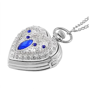 Strada Blue Glass, Multi Color Austrian Crystal Japanese Movement Heart Shaped Pocket Watch with Chain (31 Inches) in Silvertone