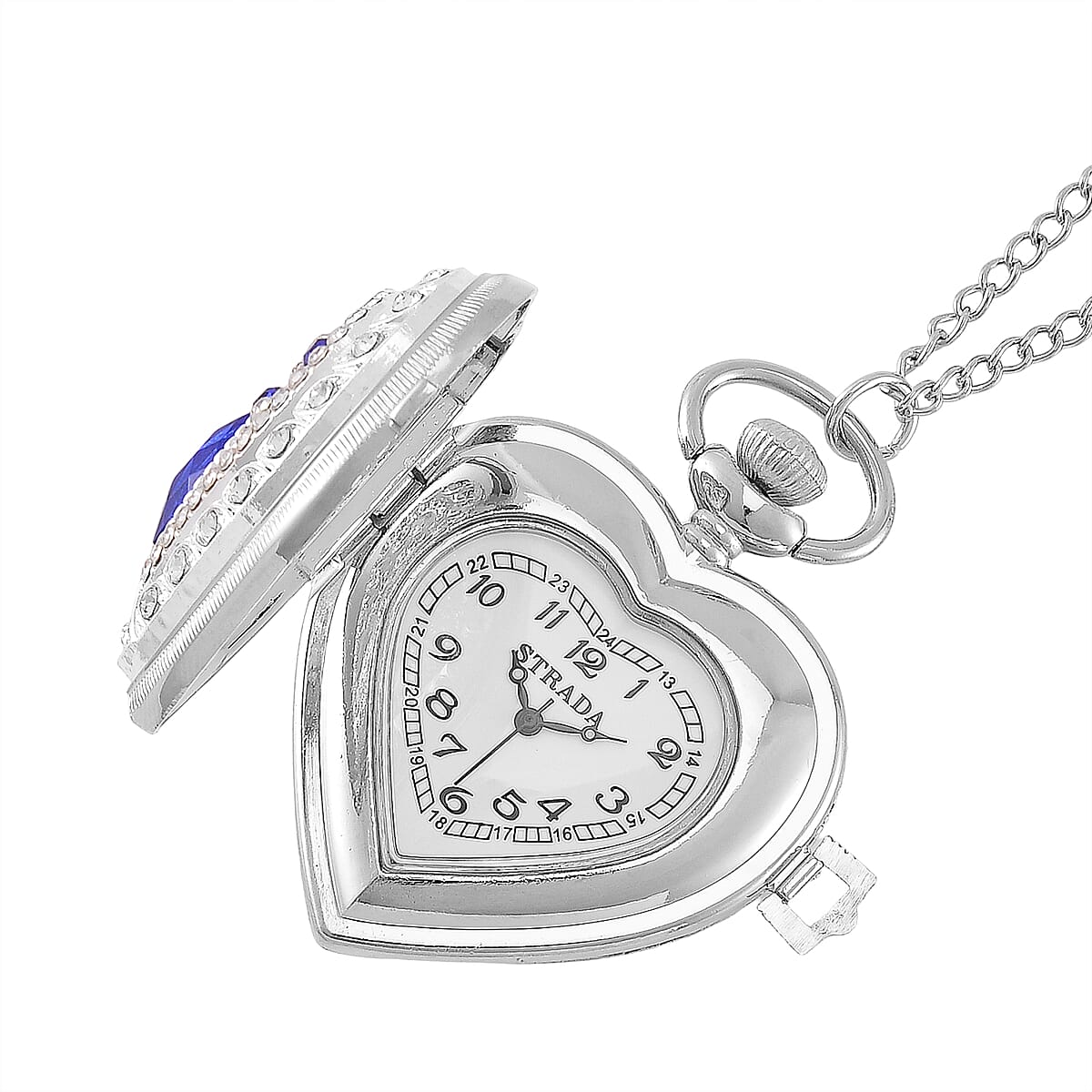 Strada Blue Glass, Multi Color Austrian Crystal Japanese Movement Heart Shaped Pocket Watch with Chain (31 Inches) in Silvertone image number 3