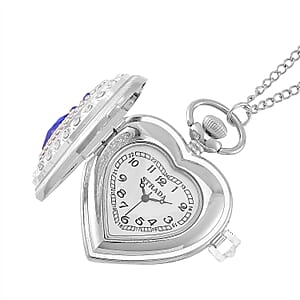 Strada Blue Glass, Multi Color Austrian Crystal Japanese Movement Heart Shaped Pocket Watch with Chain (31 Inches) in Silvertone