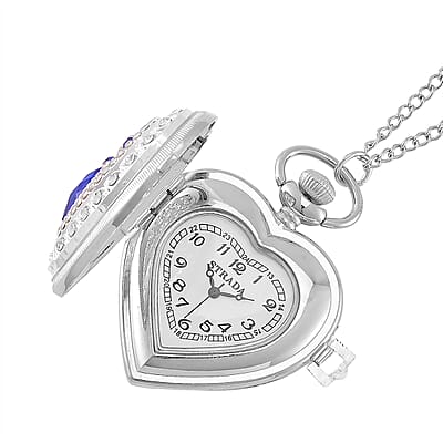 Strada Blue Glass, Multi Color Austrian Crystal Japanese Movement Heart Shaped Pocket Watch with Chain (31 Inches) in Silvertone