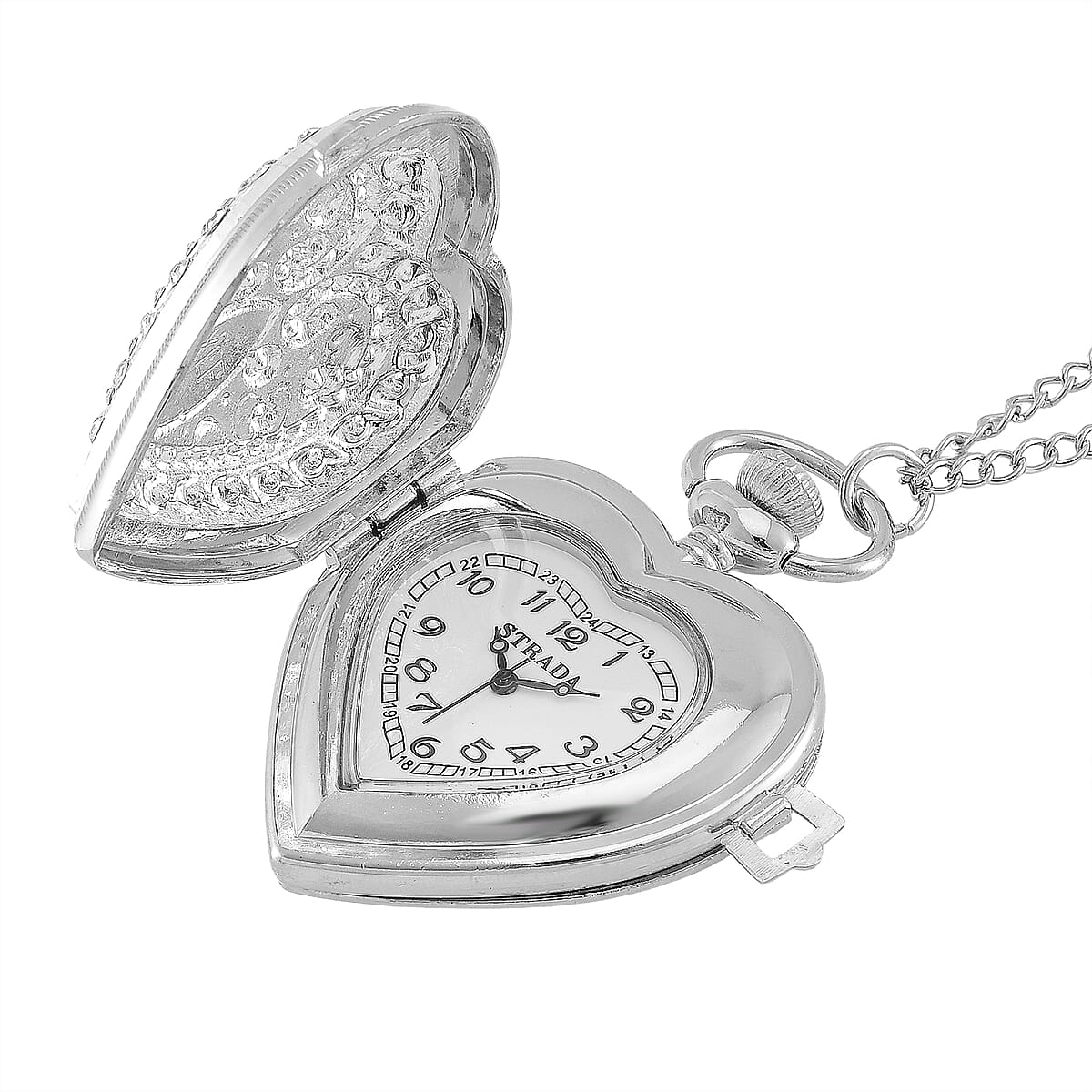 Strada Blue Glass, Multi Color Austrian Crystal Japanese Movement Heart Shaped Pocket Watch with Chain (31 Inches) in Silvertone image number 4