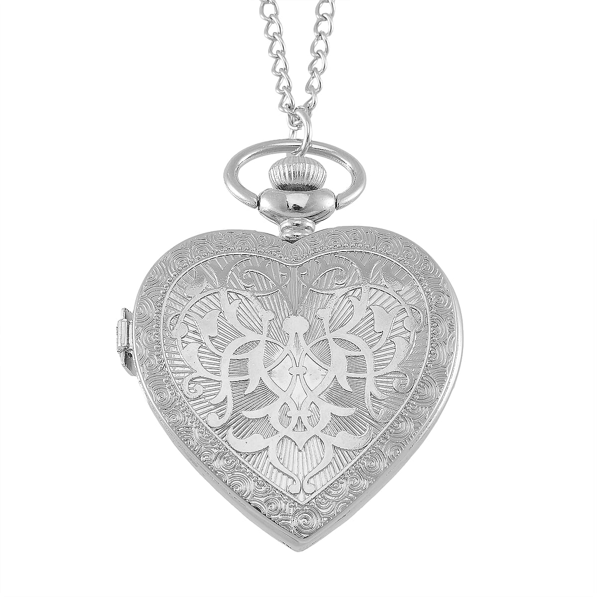 Strada Blue Glass, Multi Color Austrian Crystal Japanese Movement Heart Shaped Pocket Watch with Chain (31 Inches) in Silvertone image number 5