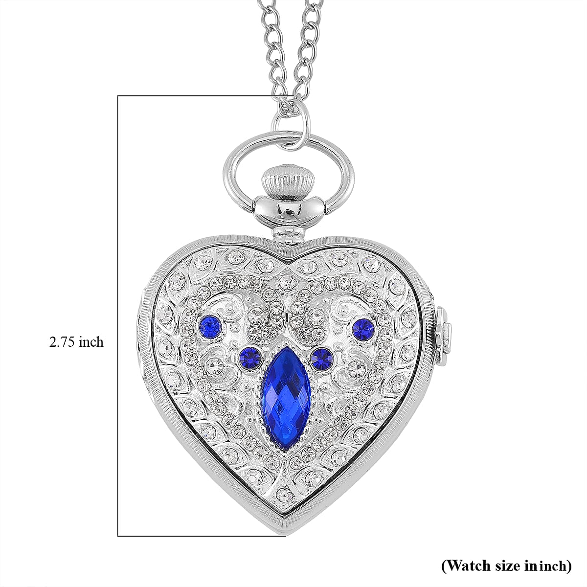 Strada Blue Glass, Multi Color Austrian Crystal Japanese Movement Heart Shaped Pocket Watch with Chain (31 Inches) in Silvertone image number 7