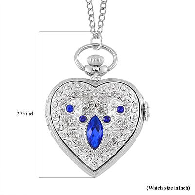 Strada Blue Glass, Multi Color Austrian Crystal Japanese Movement Heart Shaped Pocket Watch with Chain (31 Inches) in Silvertone