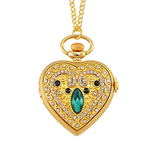 Strada Green Glass, Multi Color Austrian Crystal Japanese Movement Heart Shaped Pocket Watch with Chain (31 Inches) in Goldtone