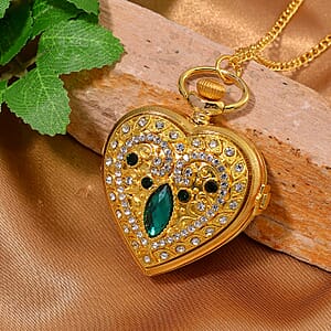 Strada Green Glass, Multi Color Austrian Crystal Japanese Movement Heart Shaped Pocket Watch with Chain (31 Inches) in Goldtone
