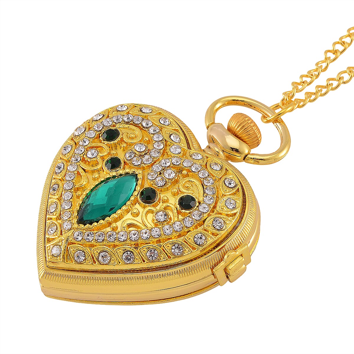 Strada Green Glass, Multi Color Austrian Crystal Japanese Movement Heart Shaped Pocket Watch with Chain (31 Inches) in Goldtone image number 2