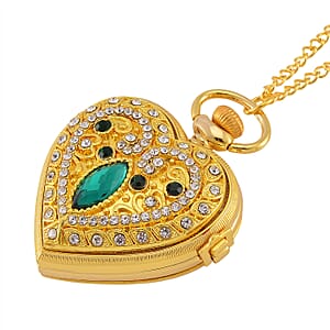 Strada Green Glass, Multi Color Austrian Crystal Japanese Movement Heart Shaped Pocket Watch with Chain (31 Inches) in Goldtone
