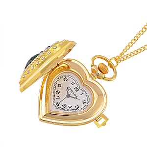 Strada Green Glass, Multi Color Austrian Crystal Japanese Movement Heart Shaped Pocket Watch with Chain (31 Inches) in Goldtone